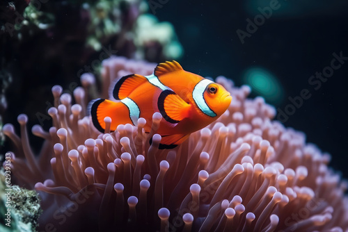 Colorful clownfish swim among vibrant coral in tropical reef, adding life to underwater world. Lively and vibrant colors abound © Kien