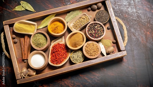 Indian spices in wooden trays