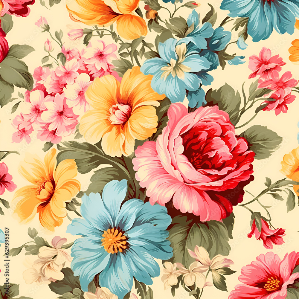 Fototapeta seamless background with flowers,pink,yellow,AI generated