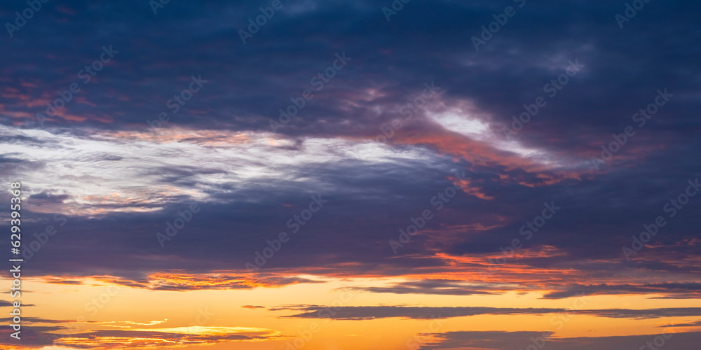Beautiful banner with colorful sunset. Bright purple - pink, yellow evening sky. Summer relaxing mood. Vacation time