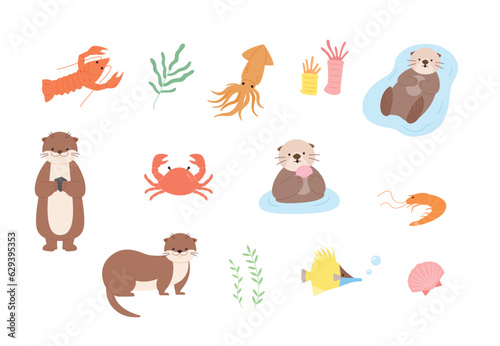 Various species of creatures living in the sea. flat vector illustration.
