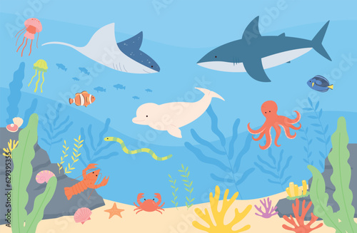 A variety of species live in the sea. flat vector illustration.