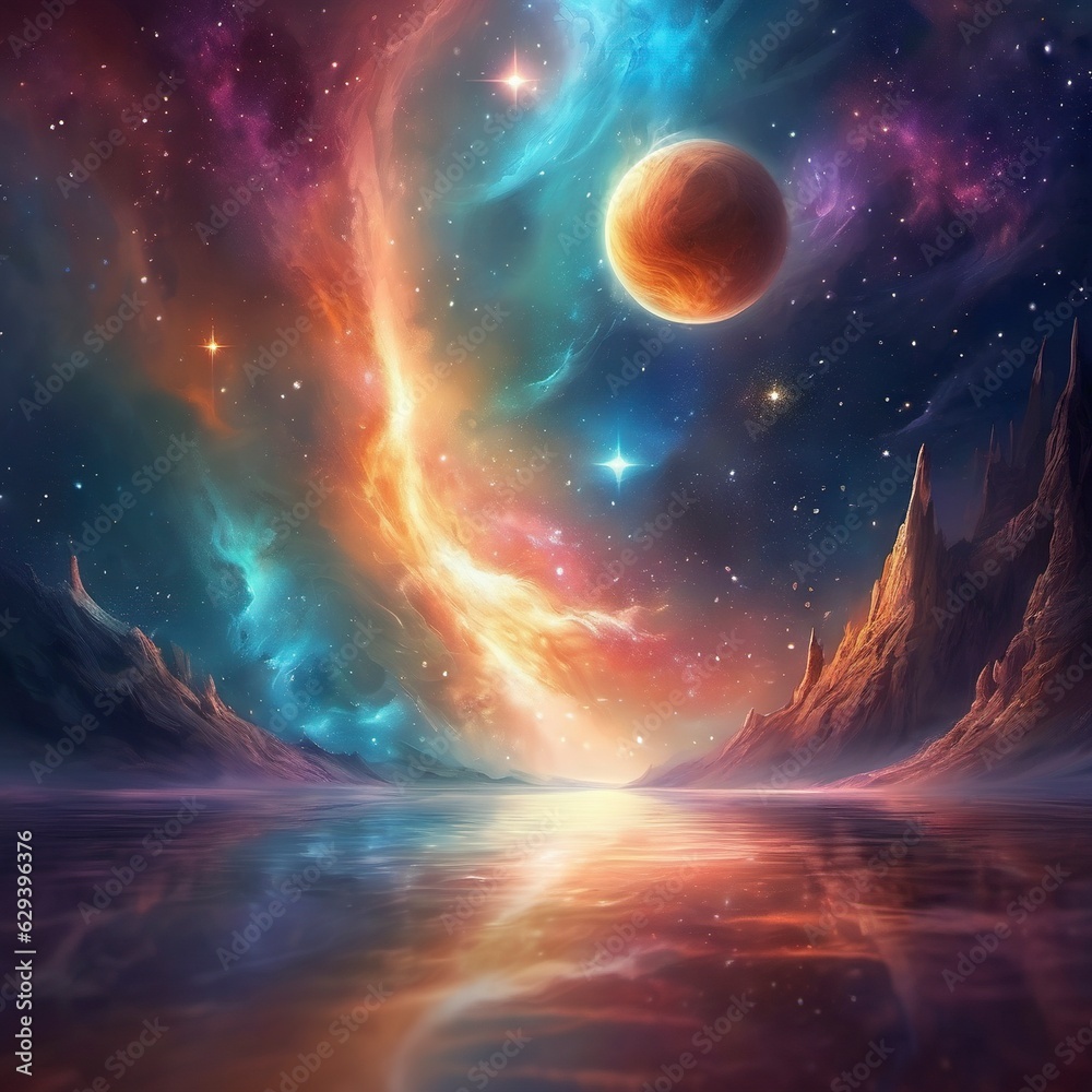 Obraz premium The planet surrounded by a colorful nebula of pink, blue, and purple hues.