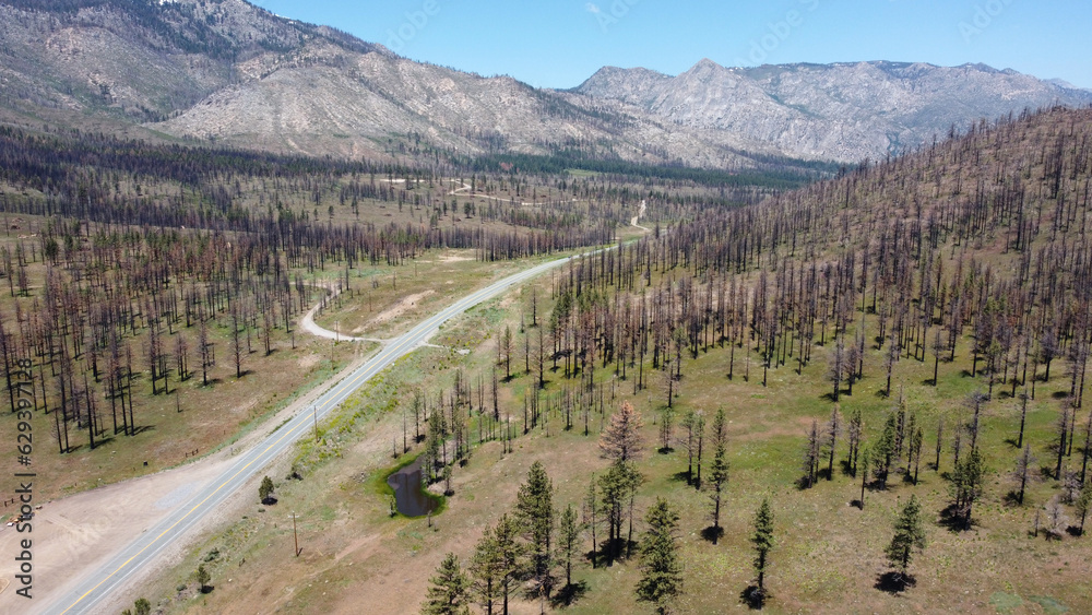 Drone view from high up looking down highway 4 with recent wildfire damage