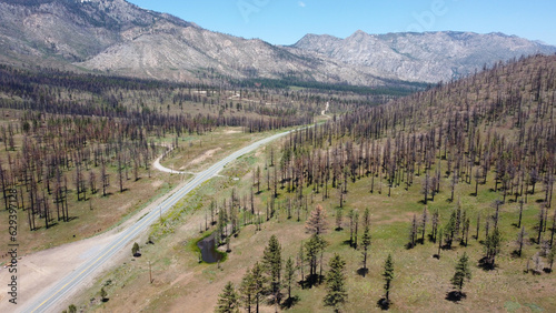 Drone view from high up looking down highway 4 with recent wildfire damage