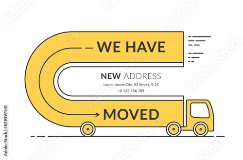We have moved concept with long truck on white background, vector eps10 illustration