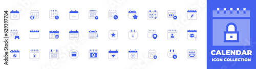Calendar icon collection. Duotone style line stroke and bold. Vector illustration. Containing calendar, schedule, calendar minus, star, game, daily calendar, pin, appointment, calendar, and more.