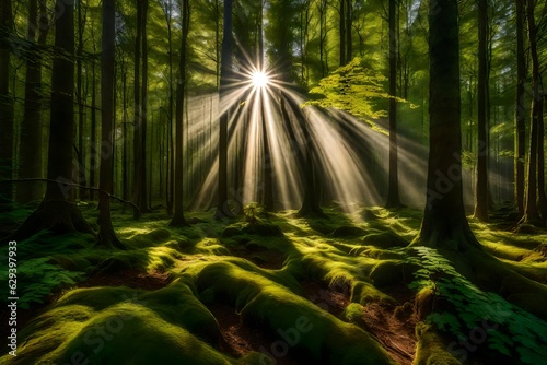 A mesmerizing forest scene captured in the golden rays of daylight. The towering trees stand tall, their lush green leaves rustling in the gentle breeze generative ai technology  © md
