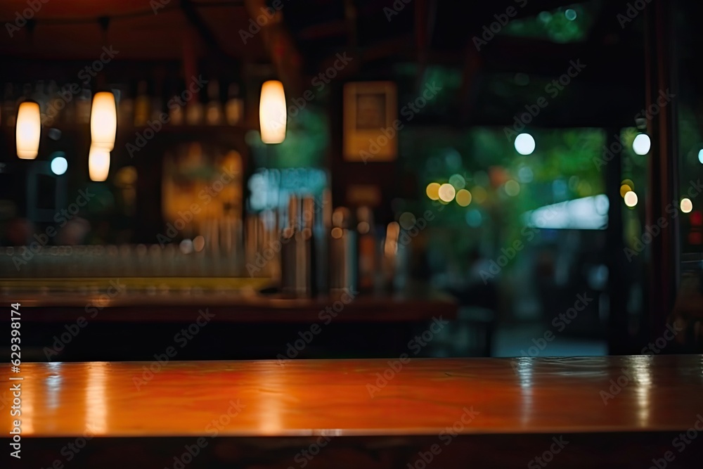 An exuberant image of an indoor vintage cafe's empty wooden table top with a blurred background. (Generative AI)
