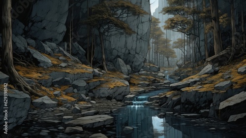 Water flows through rocky area beside a cave. (Generative AI)