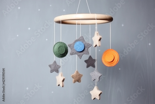 Handmade toys with stars and planet baby crib mobile in children's room photo