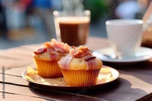 Cupcake with bacon and a cup of coffee on an open table in a cafe