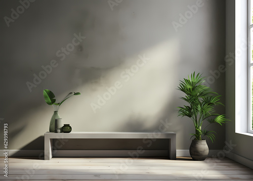 Concrete Serenity: 3D Render of Grey Walls, Room, and Plant Mock-Up"
