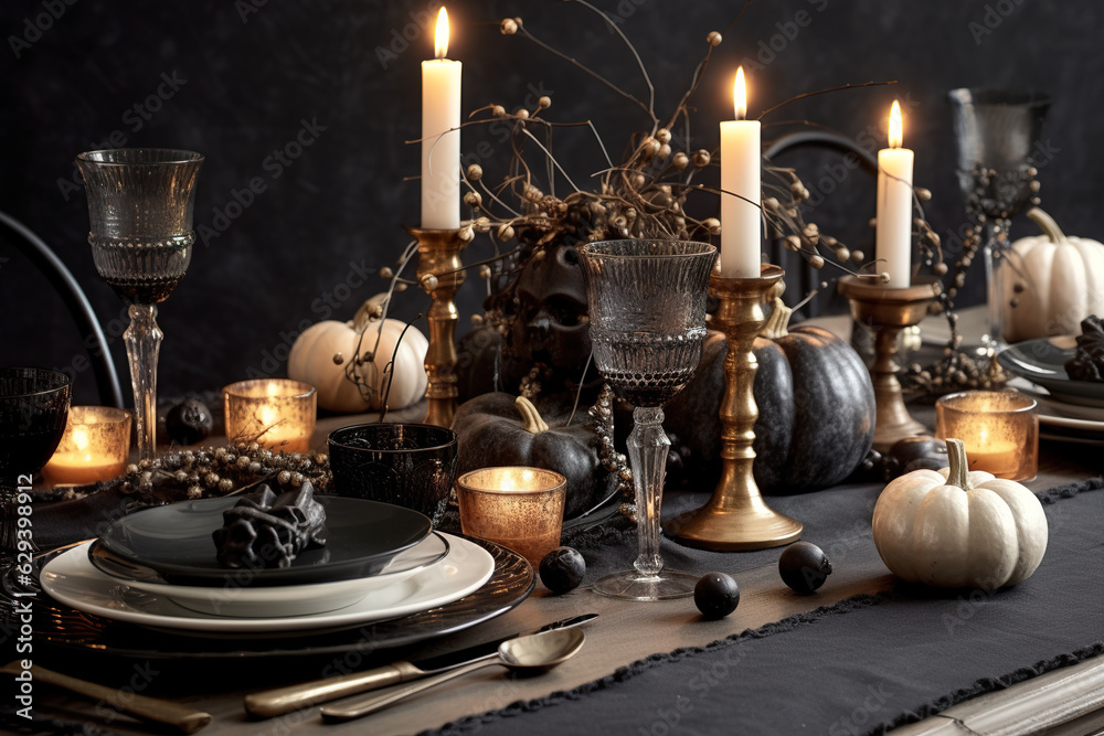 Halloween table decoration in dark colors