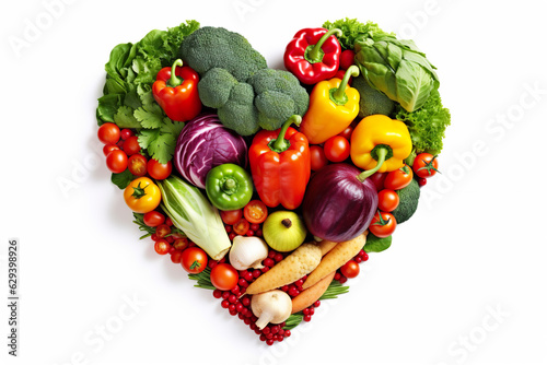 Heart shape by various vegetables and fruits on white background © Anna