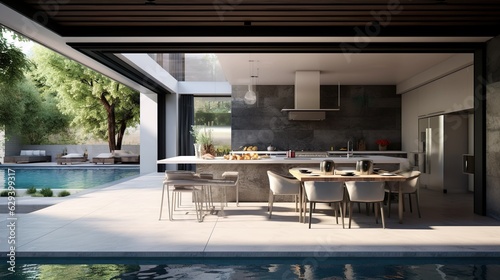 luxury home interior with pool. Generative AI © arthyeon