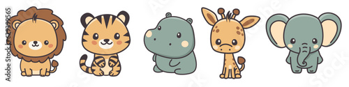 Set of vector animals of Africa on white background. Animals in cute kawaii style. Lion, tiger, elephant, hippo, giraffe. . Vector illustration