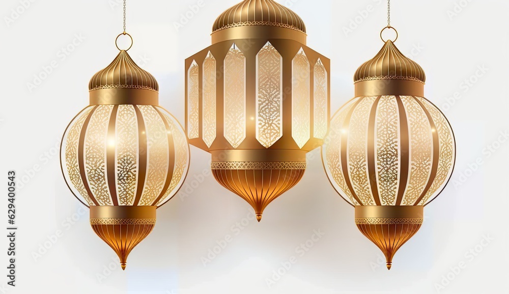 Obraz premium A three golden lanterns hanging from a string. PNG. Transpareng. Generative AI