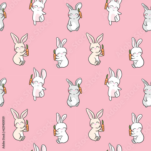 Seamless Pattern of Cute Cartoon Rabbit Design on Pink Background