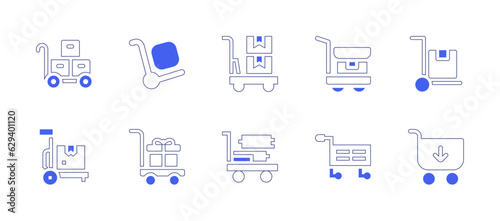 Trolley icon set. Duotone style line stroke and bold. Vector illustration. Containing trolley, luggage, cart, add to cart. © Huticon