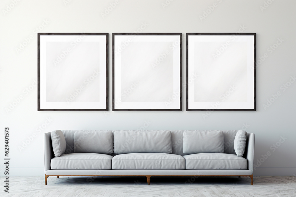 Blank horizontal poster frame mock up in living room interior, Modern living room interior background. Generated AI Blank horizontal poster frame mock up in living room interior, Modern living room interior background. Generated AI