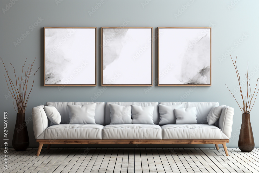 Fototapeta premium Blank horizontal poster frame mock up in living room interior, Modern living room interior background. Generated AI