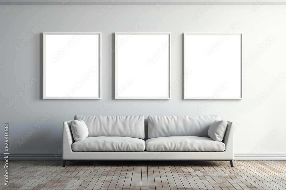 Blank horizontal poster frame mock up in living room interior, Modern living room interior background. Generated AI Blank horizontal poster frame mock up in living room interior, Modern living room interior background. Generated AI