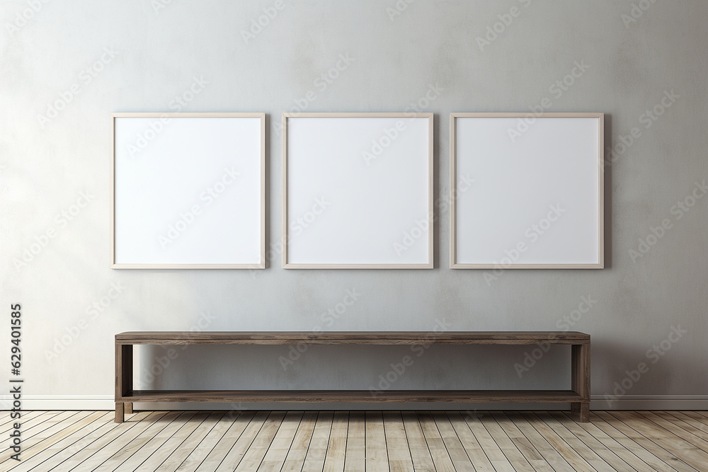 Blank horizontal poster frame mock up in living room interior, Modern living room interior background. Generated AI Blank horizontal poster frame mock up in living room interior, Modern living room interior background. Generated AI