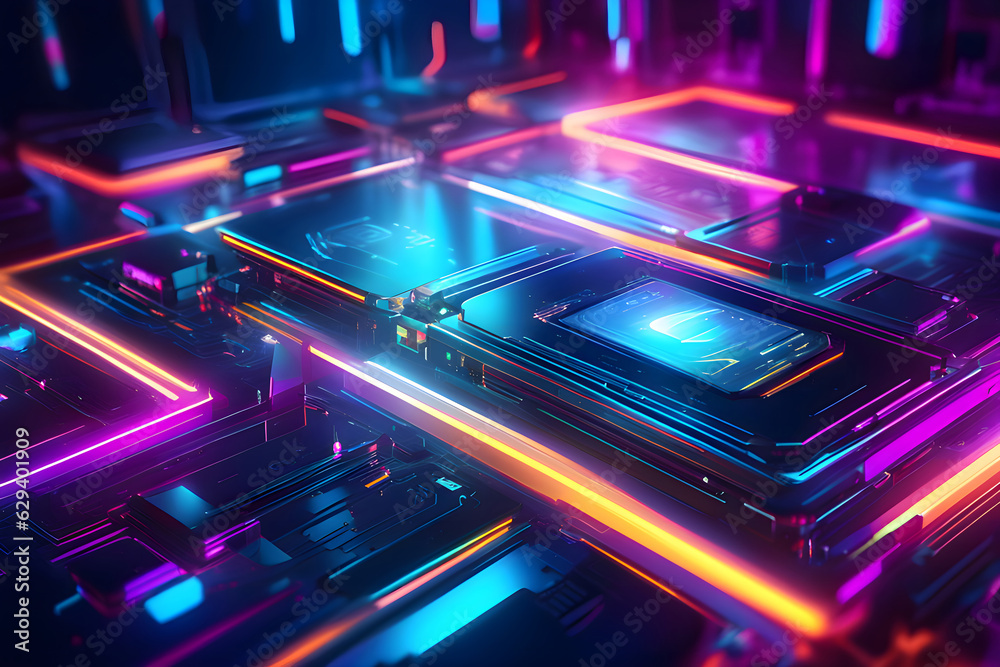 Multilayer computer chip with flowing neon light - generative AI Multilayer computer chip with flowing neon light - generative AI