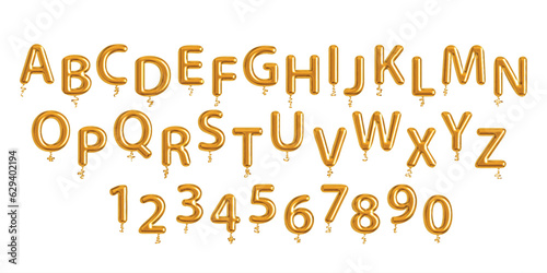 Vector realistic isolated golden balloon font alphabet and numbers on white background.