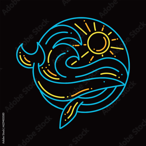 Premium Monoline Colorful Whale Vector Graphic Design illustration Vintage style Emblem Symbol and Icon