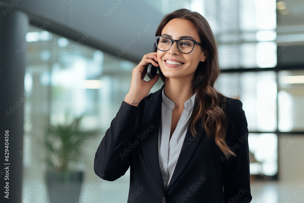 A handsome businesswoman in a suit talking on the phone. A handsome businesswoman in a suit talking on the phone.