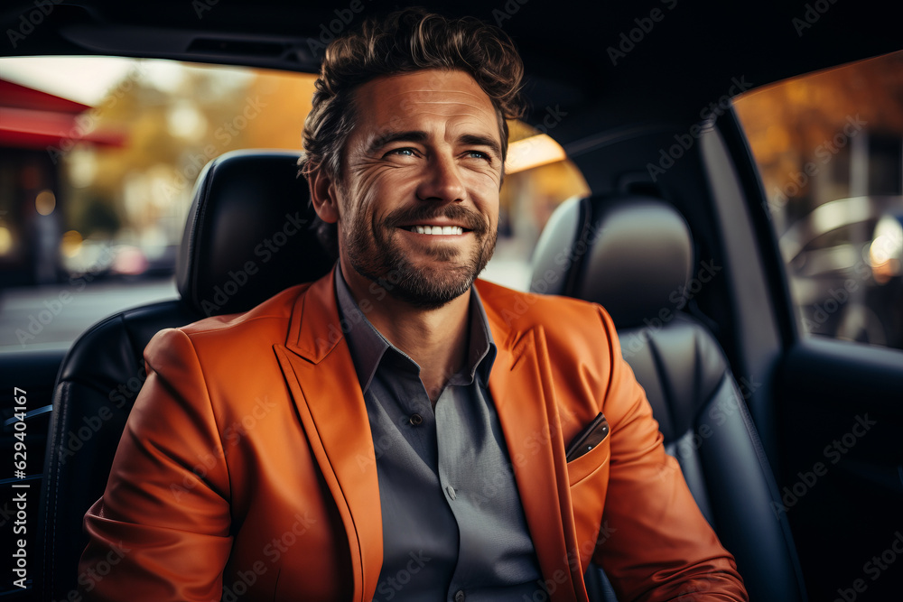 Attractive elegant happy man in good car. Attractive elegant happy man in good car.