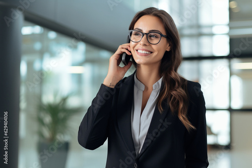 A handsome businesswoman in a suit talking on the phone.