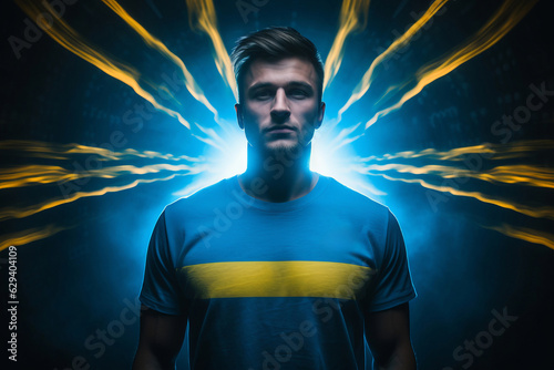 A man wearing a tee shirt with a Ukraine flag on it.