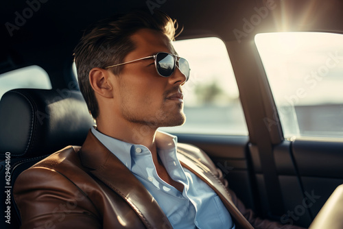 Attractive elegant happy man in good car. © AI_images