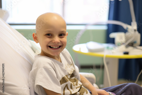 Bald boy smiling in cancer hospital bed.