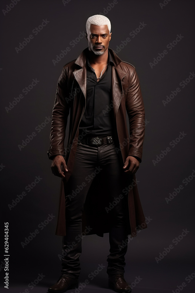 full-length photo in the studio of a dark-skinned handsome guy with white hair and blue eyes standing on a dark background with a serious facial expression in brown.