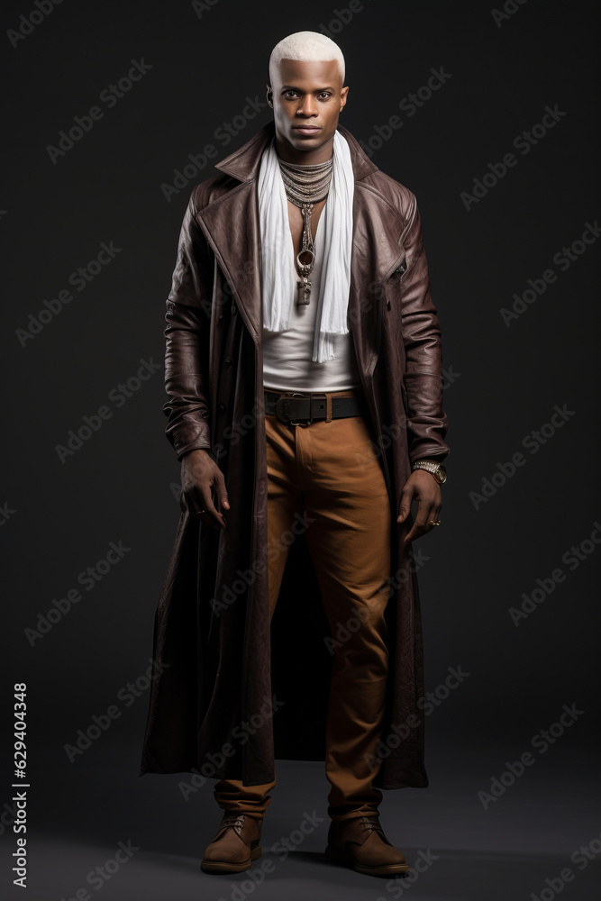 full-length photo in the studio of a dark-skinned handsome guy with white hair and blue eyes standing on a dark background with a serious facial expression in brown.