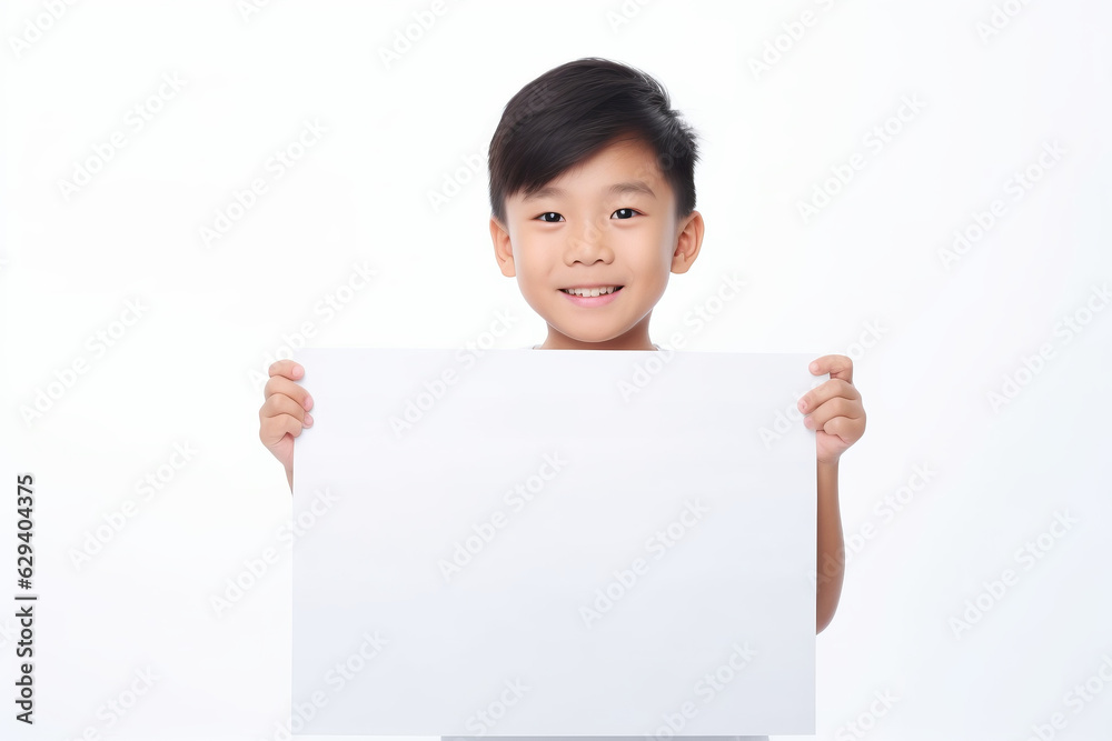 Happy Asian Scholl boy holding blank white banner sign, isolated studio portrait . Happy Asian Scholl boy holding blank white banner sign, isolated studio portrait .