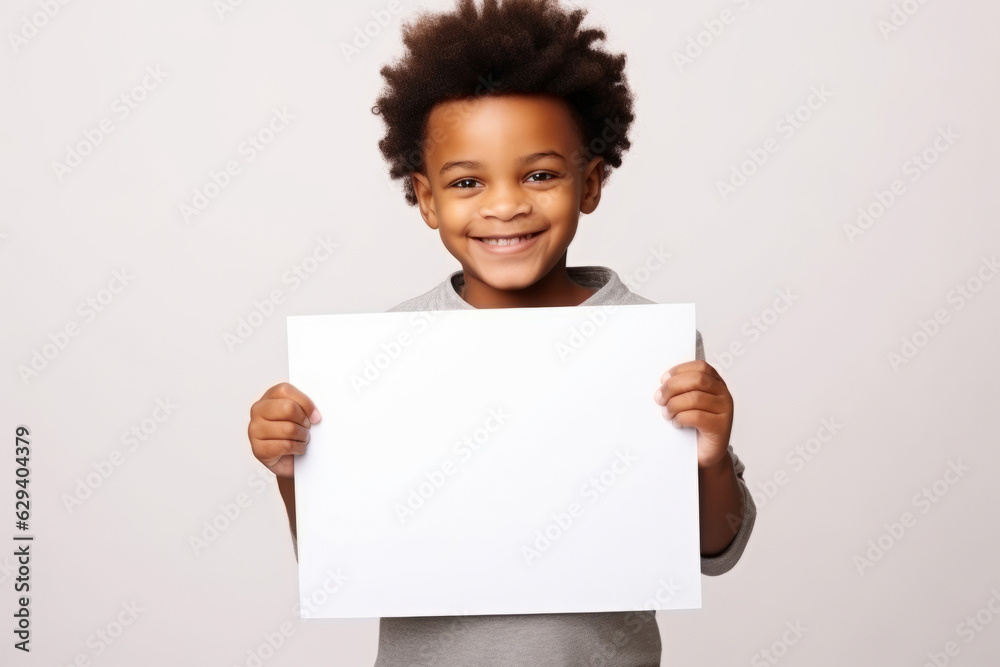 Happy black scholl boy holding blank white banner sign, isolated studio portrait. Happy black scholl boy holding blank white banner sign, isolated studio portrait.