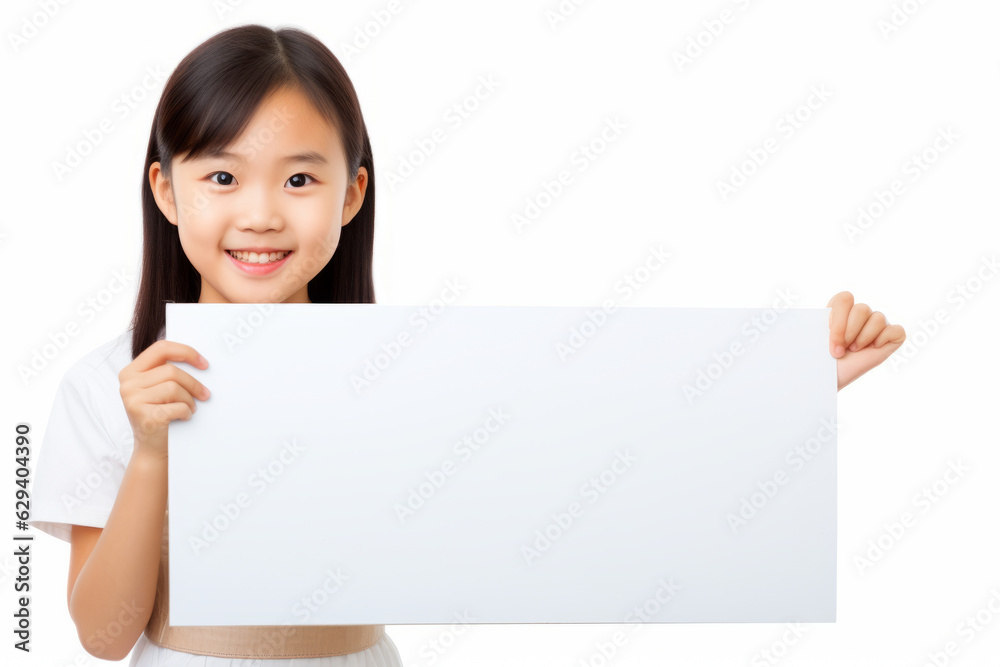 Happy asian scholl girl holding blank white banner sign, isolated studio portrait. Happy asian scholl girl holding blank white banner sign, isolated studio portrait.