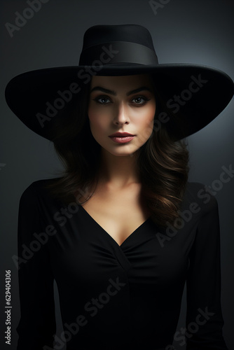 Dramatic dark studio portrait of elegant and sexy young woman in black wide hat and black dress.