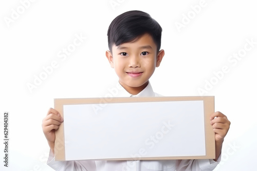 Happy Asian Scholl boy holding blank white banner sign, isolated studio portrait .