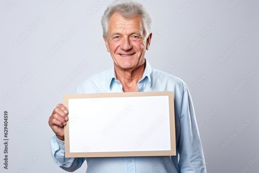 Happy mature senior man holding blank white banner sign, isolated studio portrait . Happy mature senior man holding blank white banner sign, isolated studio portrait .
