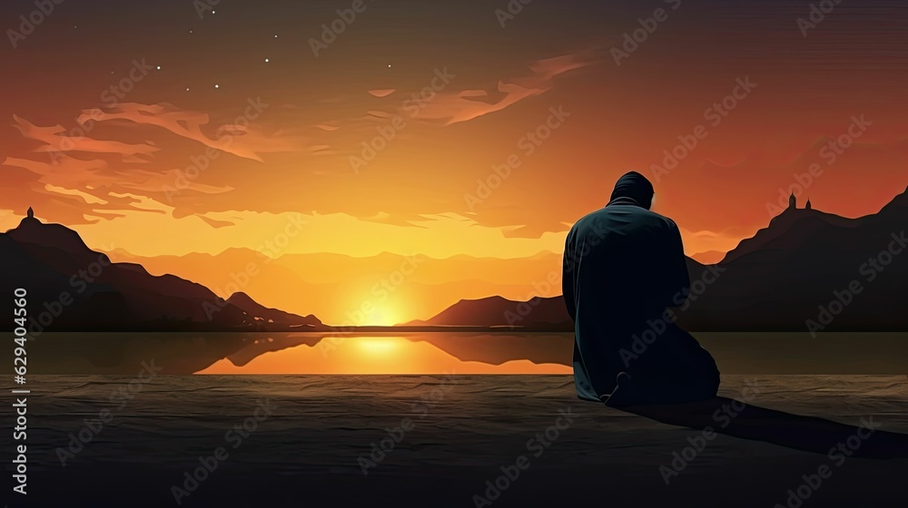 photograph of A Muslim man is facing the sunset and praying namaz or salah. Serene holy night background. photograph of A Muslim man is facing the sunset and praying namaz or salah. Serene holy night background.
