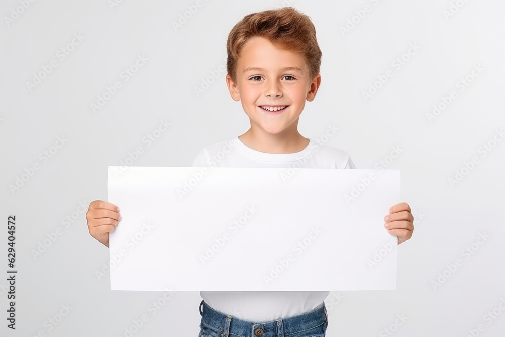 Happy Scholl boy holding blank white banner sign, isolated studio portrait. Happy Scholl boy holding blank white banner sign, isolated studio portrait.