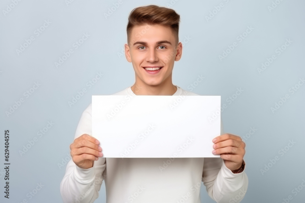 Happy young man holding blank white banner sign, isolated studio portrait. Happy young man holding blank white banner sign, isolated studio portrait.