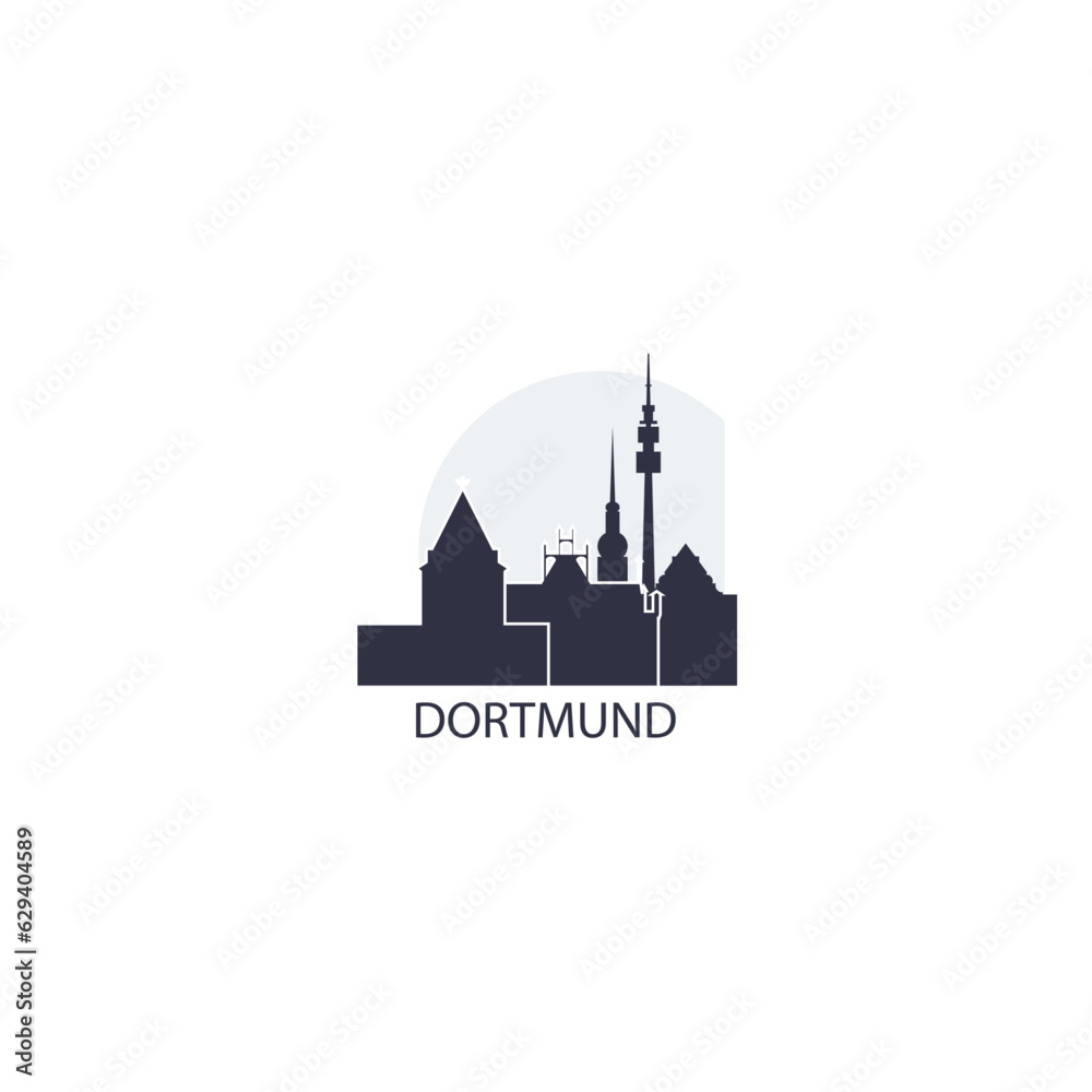 Germany Dortmund cityscape skyline capital city panorama vector flat modern logo icon. Central Europe region emblem idea with landmarks and building silhouettes at sunset sunsrise