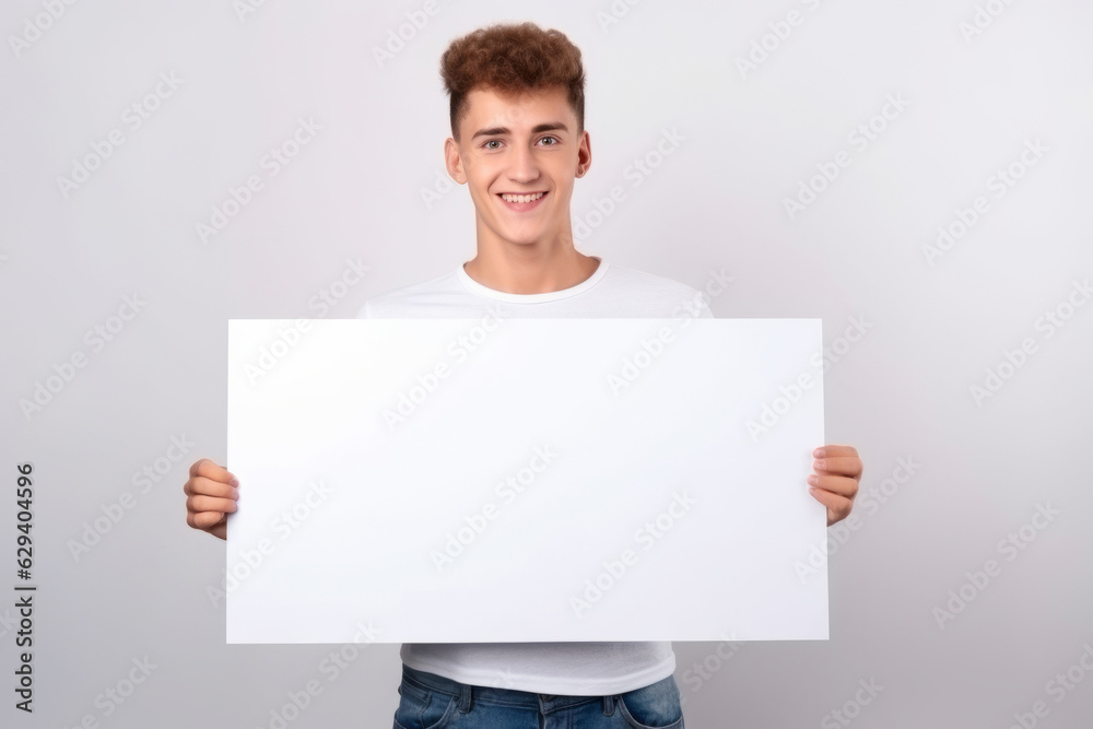 Happy young man holding blank white banner sign, isolated studio portrait. Happy young man holding blank white banner sign, isolated studio portrait.